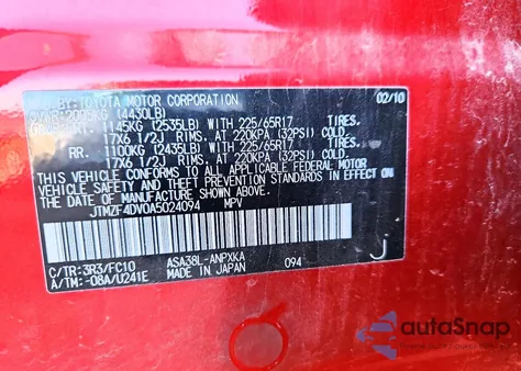 2010 Toyota Rav4 z USA, uszkodzony, nr VIN JTMZF4DV0A5024094